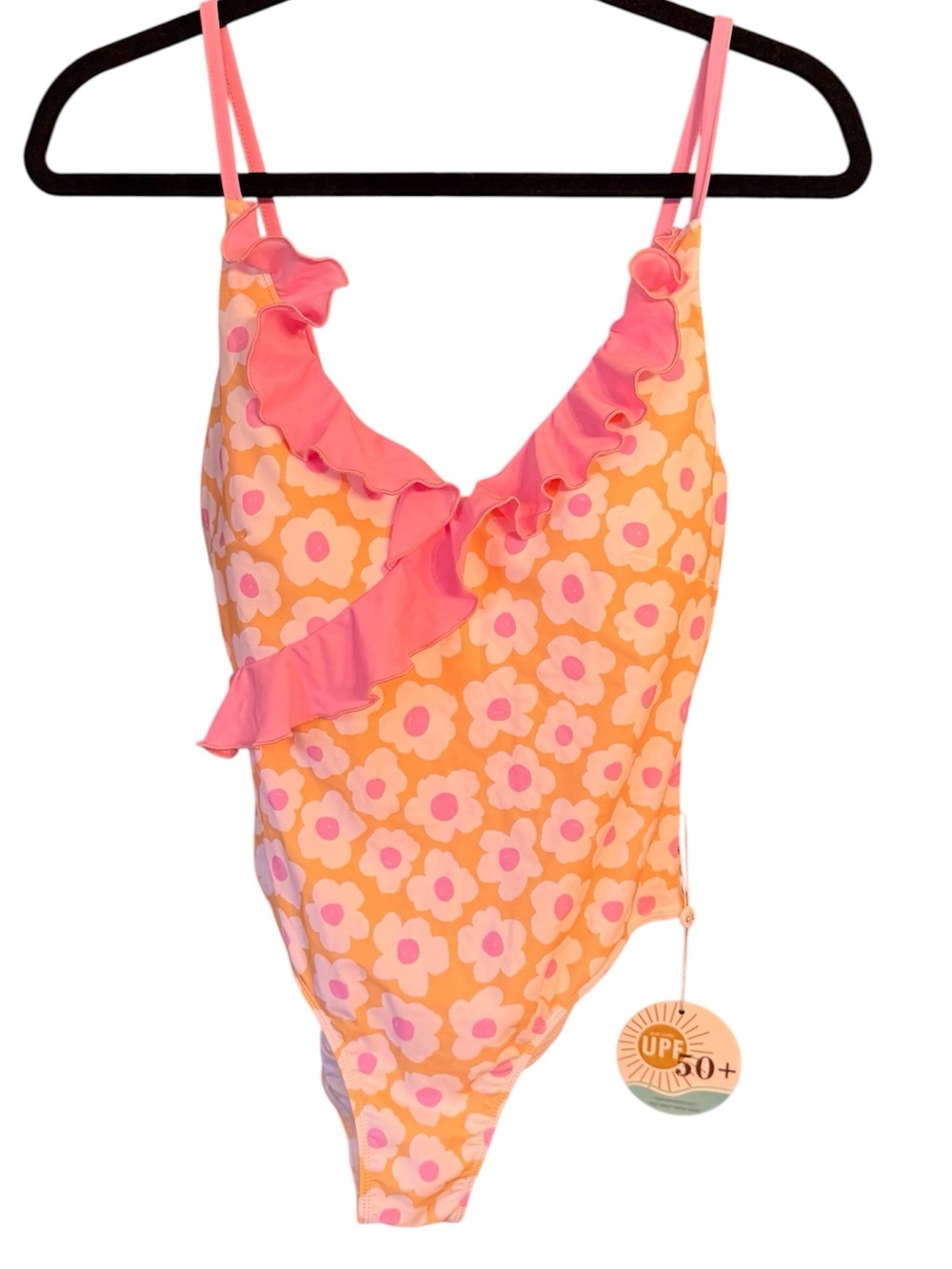 Caden Lane Orange and Pink Flower Print One Piece Swimsuit, size Large NWT